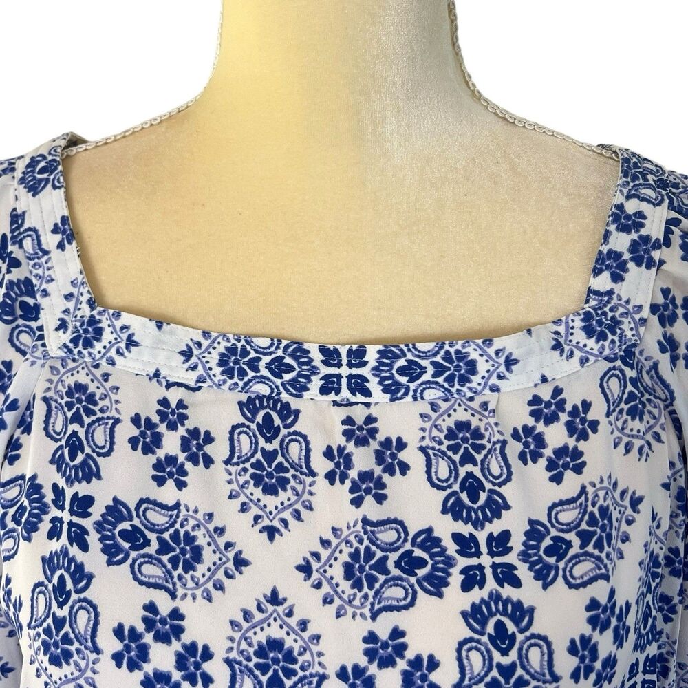 Loft Women’s Blouse Square Neck Small Blue White Floral Semi sheer - Picture 11 of 13